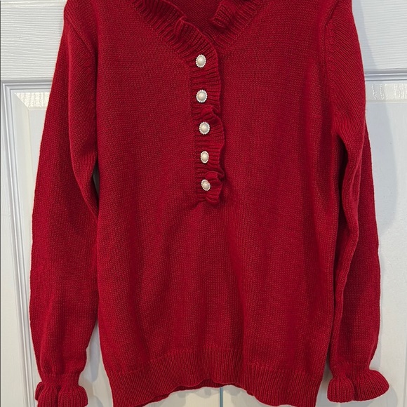 Red Ruffled Button-Up Sweater - Picture 4 of 6